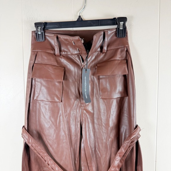 MANIERE DE VOIR Brown Faux Leather Cargo Pants Wide Leg Tie Belt Utility 0 - Picture 4 of 16
